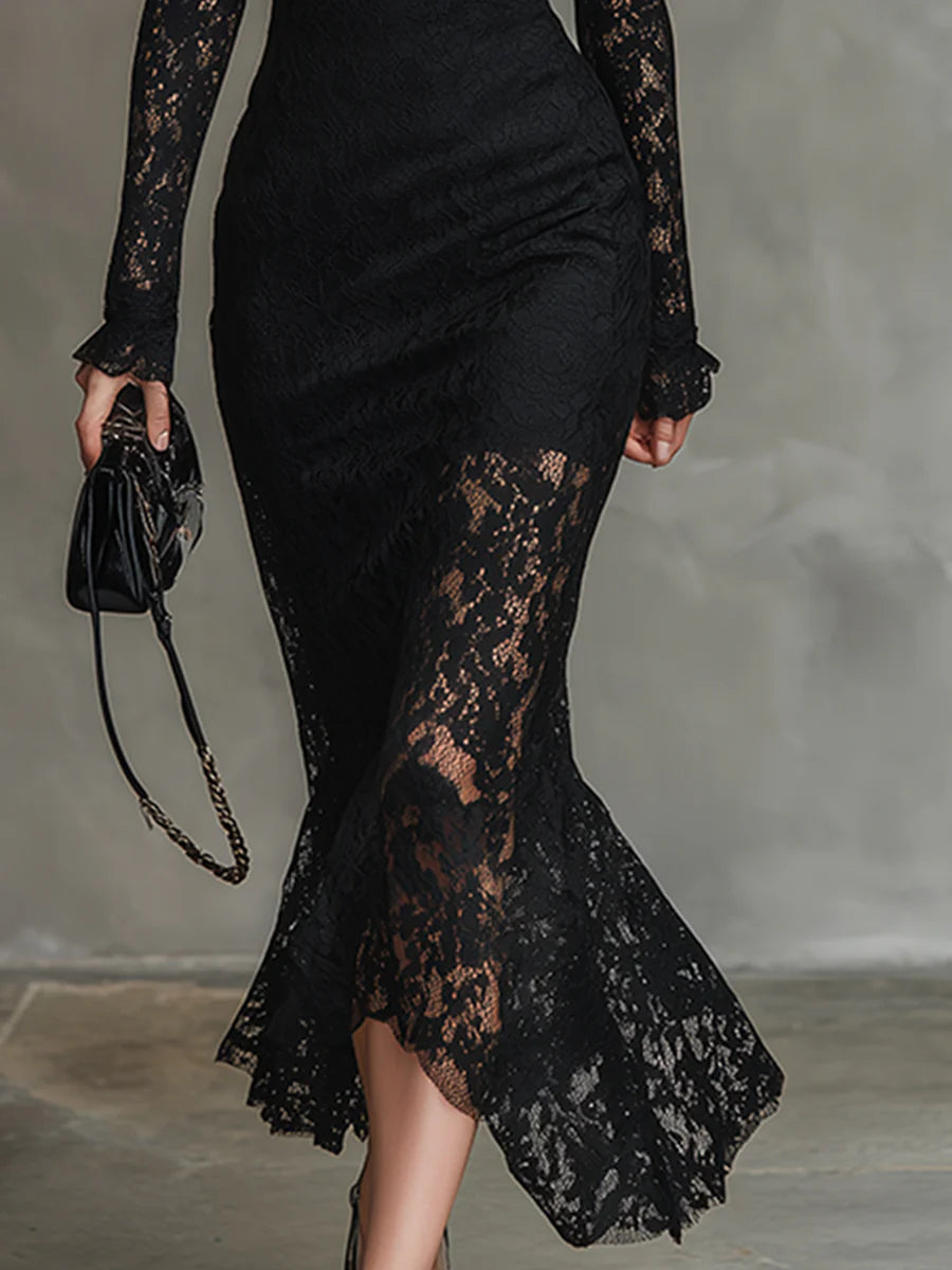 Veronika™ | Robe longue noire en dentelle