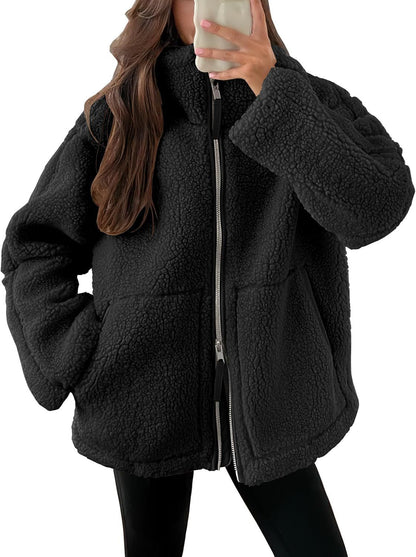 Manteau Zippé à Revers en Polaire