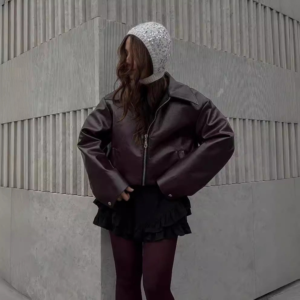 Veste Cuir Zippée à Revers