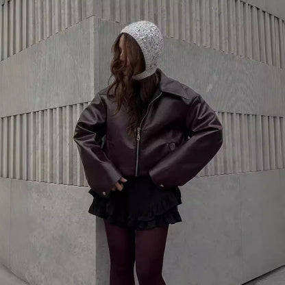 Veste Cuir Zippée à Revers