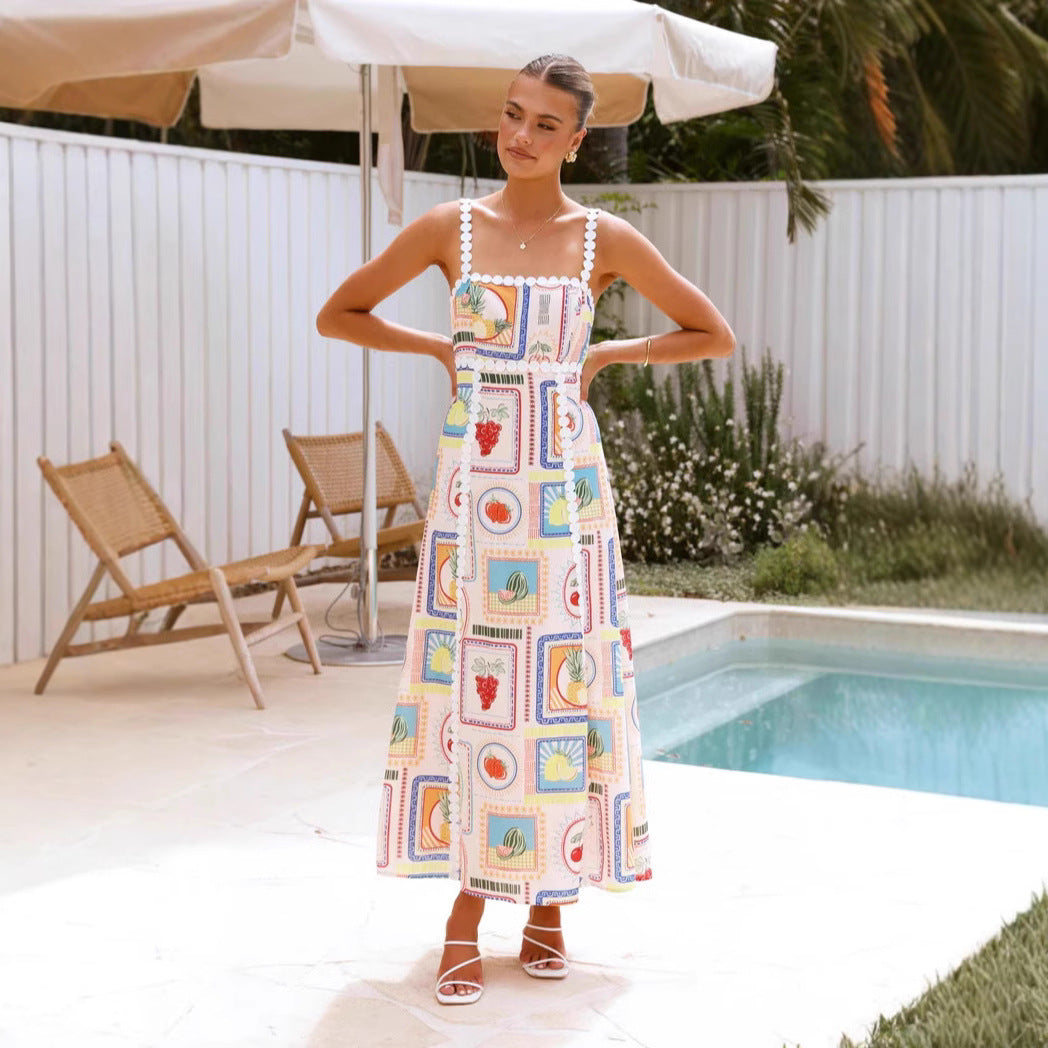 Robe longue imprimée à bretelles fantaisie