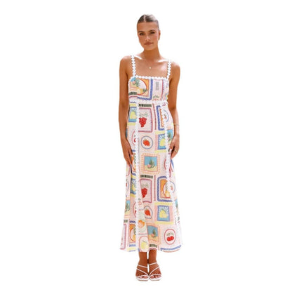 Robe longue imprimée à bretelles fantaisie